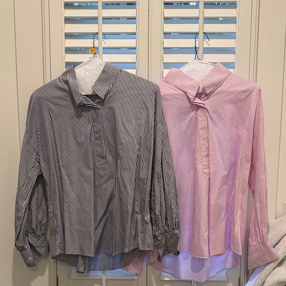 Lot of 2 Ann Mashburn Striped popover Shirts in Dark Blue and Pink - Picture 1 of 5